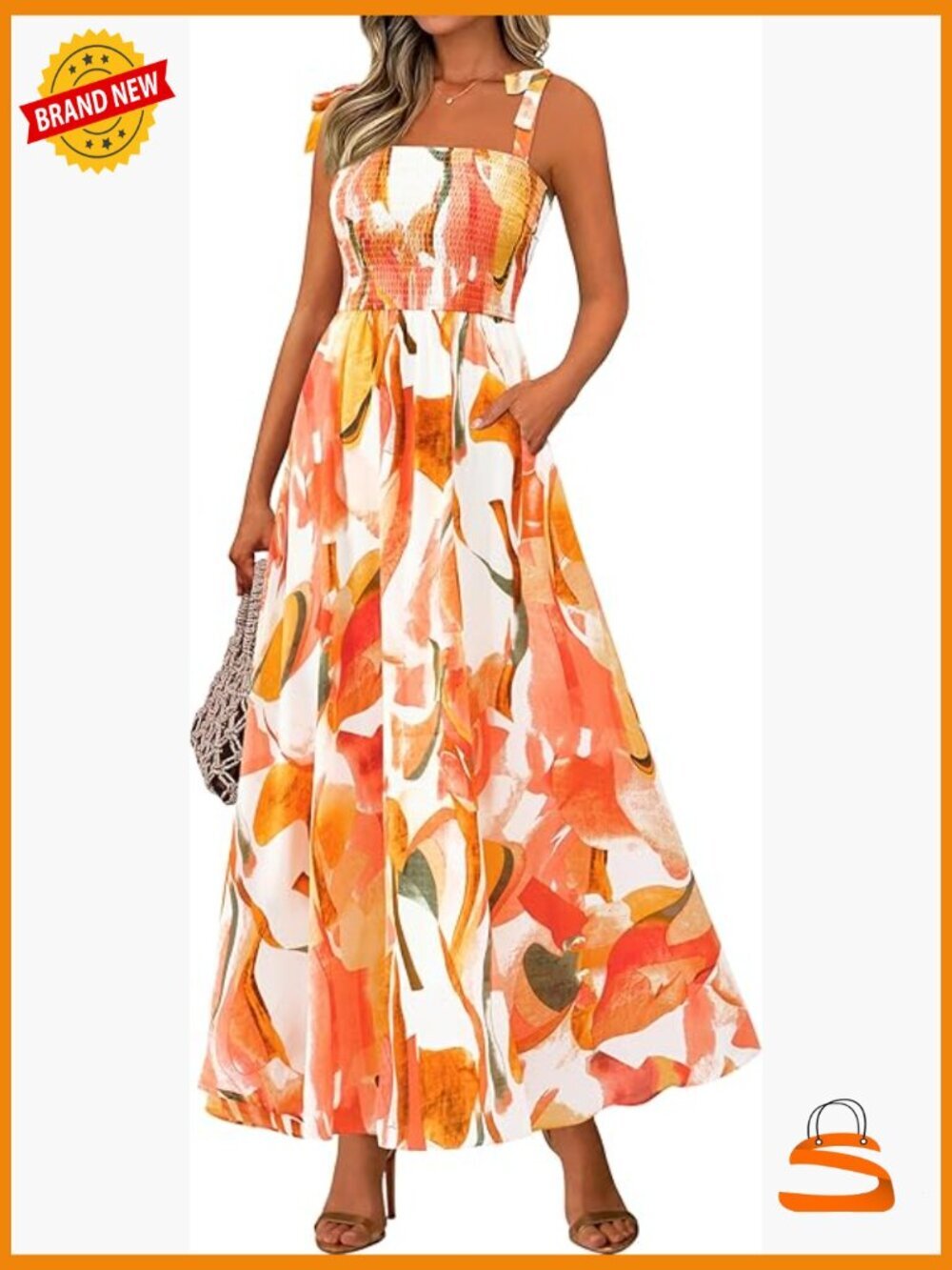 Smocked Floral Maxi Dress Spaghetti Strap A-Line Beach